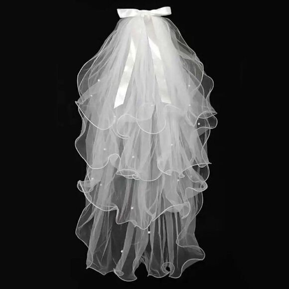 5 Layer Pearl Accents Elbow Bridal Wedding Veil With Satin Bow Comb White Veil